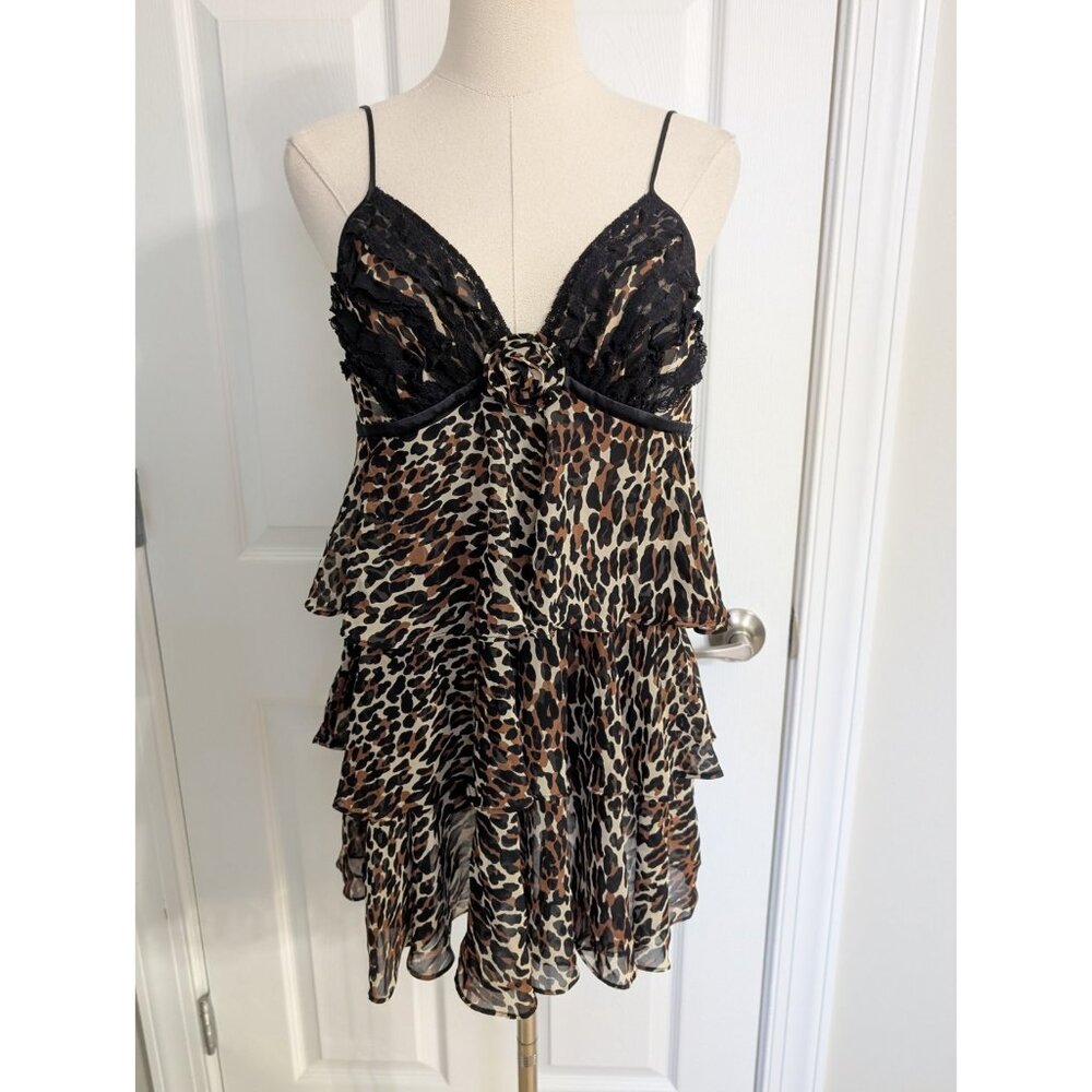 Vtg Betsey Johonson Animal Pattern Lace Tiered Babydoll Lingerie Slip Y2K S/M